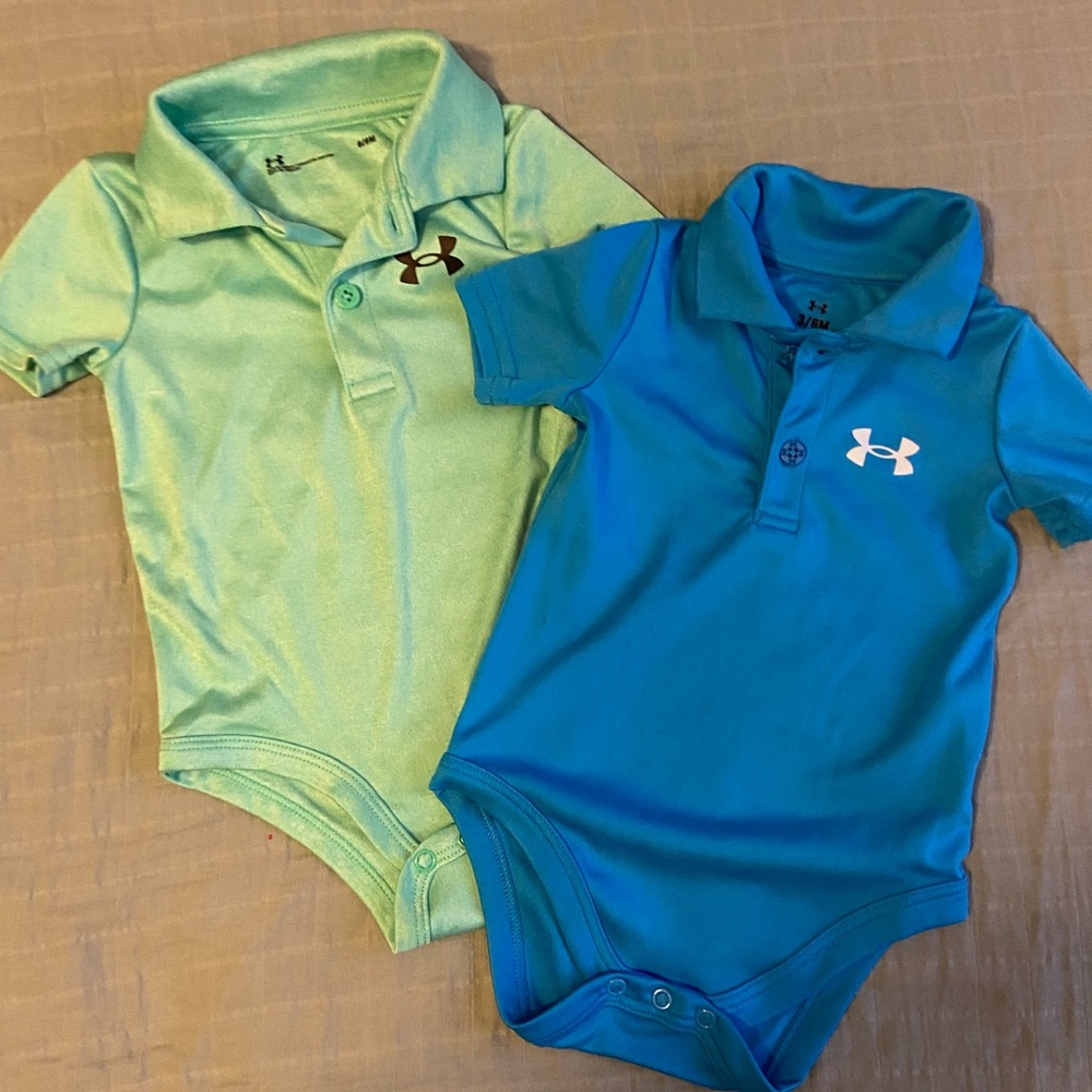 2 Under Armour polo type onesies 3/6 & 6/9m